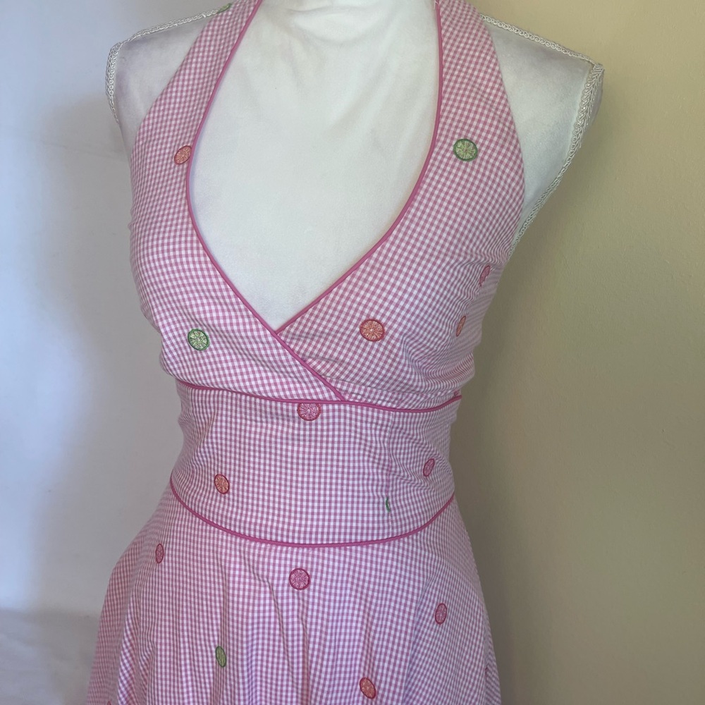 Vintage Lilly Pulitzer Pink Gingham Citrus Halter Dress Sz 0 Fit & Flare Resort - Picture 8 of 14